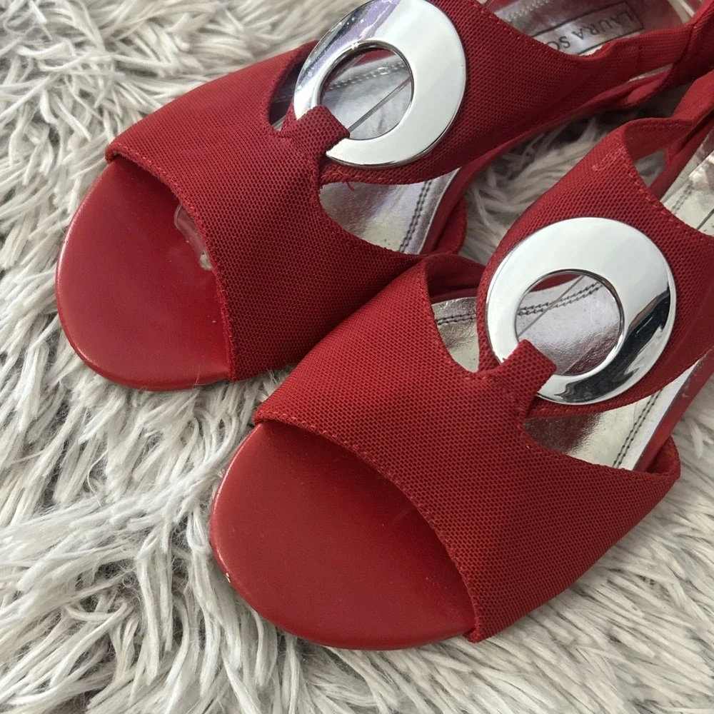 Laura Scott Red Open-Toe Wedge Sandals with Silver Accent